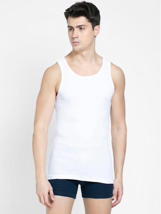 Men's Super Combed Cotton Rib Round Neck Sleeveless Vest with Stay Fresh Properties - White