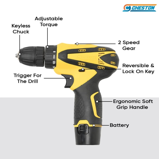 Cheston Cordless Drill Kit: 24 accessories, 10mm Keyless Chuck, 2 batteries, LED torch, Reversible, Variable Speed, Torque Setting.-Cheston Cordless Drill Kit: 24 accessories, 10mm keyless chuck,