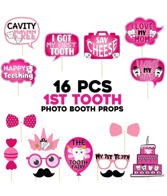 Zyozi 16 Pcs I Got My First Tooth Photo Booth Party Props/Colour Stylish Font/First Tooth Decoration/First Tooth Decoration Items for Baby/Pink My First Teeth Props/1st Teeth Decoration Item