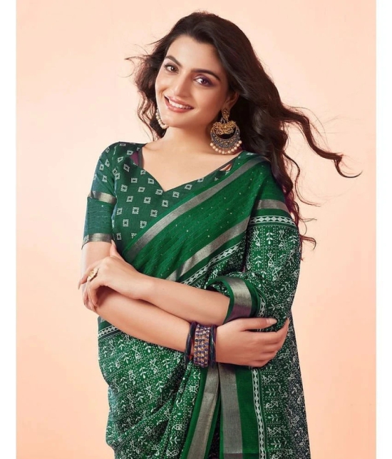 Sitanjali Silk Blend Printed Saree With Blouse Piece - Green ( Pack of 1 ) - Green