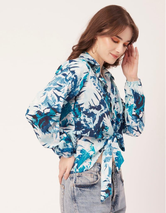 Moomaya Printed Full Sleeve Knot Cropped Shirt, Cotton Summer Top For Women