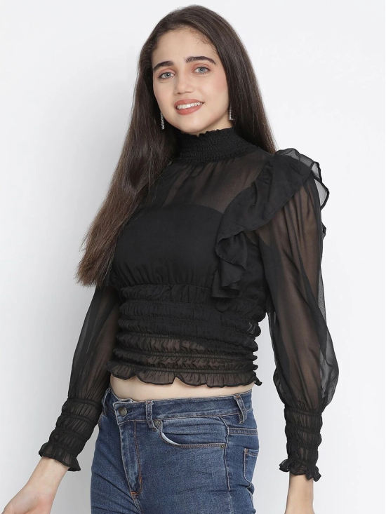 Oxolloxo Black Bishop Sleeves Ruffles Cinched Waist Top