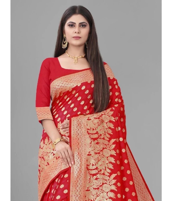 Gazal Fashions Banarasi Silk Embellished Saree With Blouse Piece - Red ( Pack of 1 ) - Red