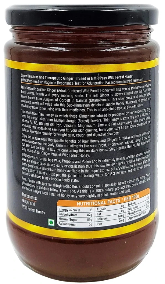 Farm Naturelle - Raw, 100% Natural NMR Tested, Pass, Certified Ginger Infused In Wild (Forest) Flower Honey(850Gram) Glass Bottle.