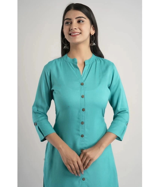 MAUKA - Turquoise Rayon Womens Front Slit Kurti ( Pack of 1 ) - None