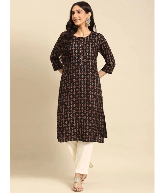 Rangita Women Rayon Black Gold Printed Calf Length Straight Kurti - None