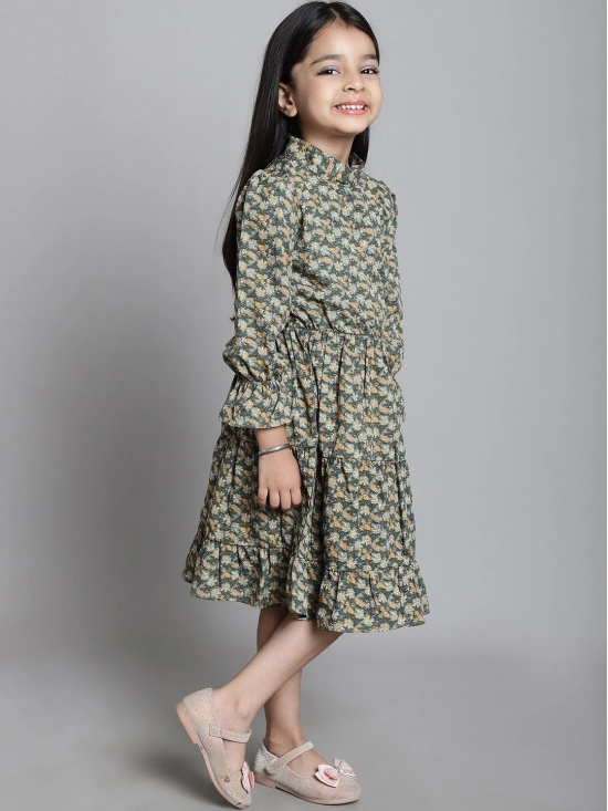 MINI & MING Girls Floral Print Mock Neck Bell Sleeves Crepe Fit & Flare Midi Dress