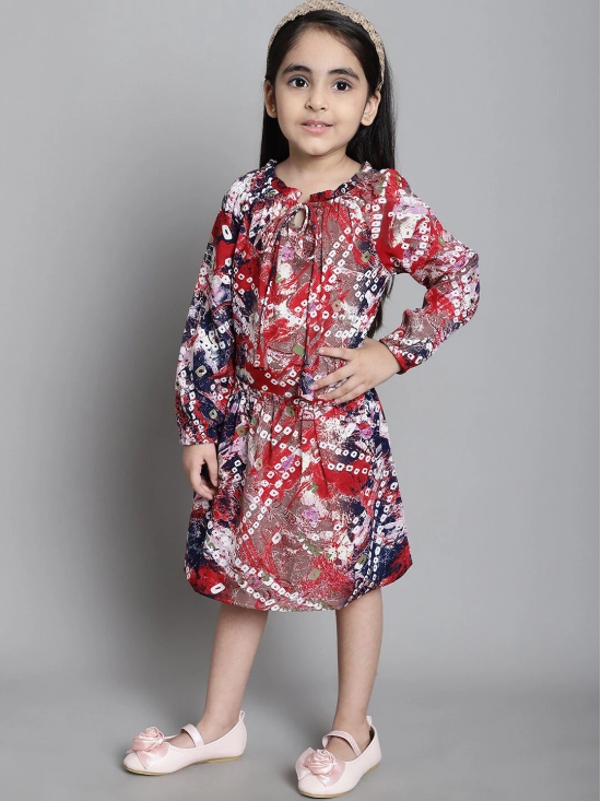 MINI & MING Girls Floral Print Tie-Up Neck Puff Sleeve Crepe Fit & Flare Dress