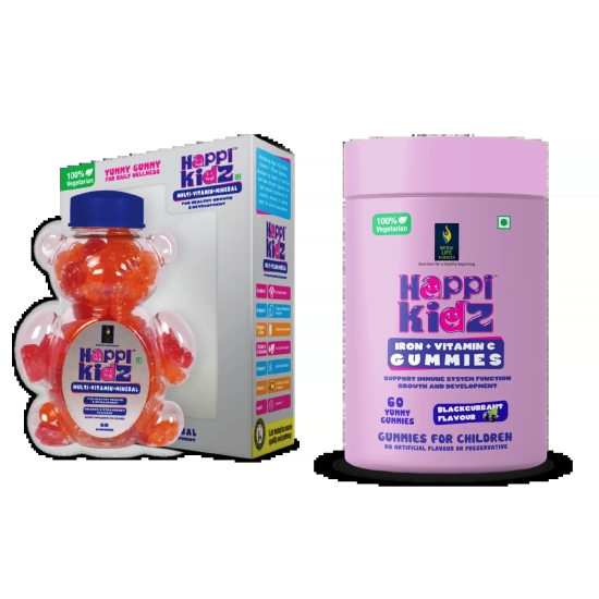 British Life Sciences Happi Kidz Multivitamin + Minerals Gummies & Happi Kidz Iron+Vitamin C Gummies Combo | Natural, Strong Bones, Muscles and Teeth, Boosts Immunity