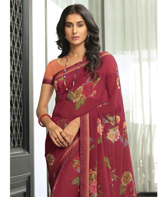 Rangita Georgette Floral Printed Saree With Lace Border & Blouse Piece - Maroon - Maroon