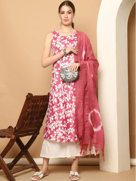 Printed pink flowers flared kurta pallazos dupatta set-M / Pink