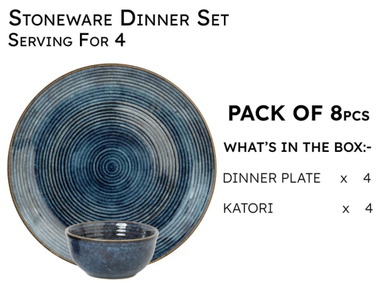 Handcrafted Stoneware Reactive Glaze Ceramic Dinner Set, 8 Pieces Serving for 4, Microwave and Dishwasher Safe, Bone-ash Free, Crockery Set for Dining and Gifting, Reactive Blue