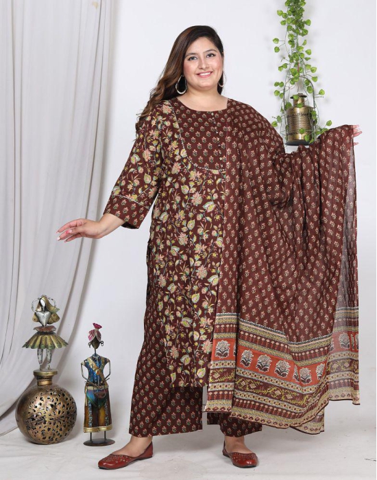 Swasti Cotton Printed Kurti With Palazzo Womens Stitched Salwar Suit - Brown ( Pack of 1 ) - None