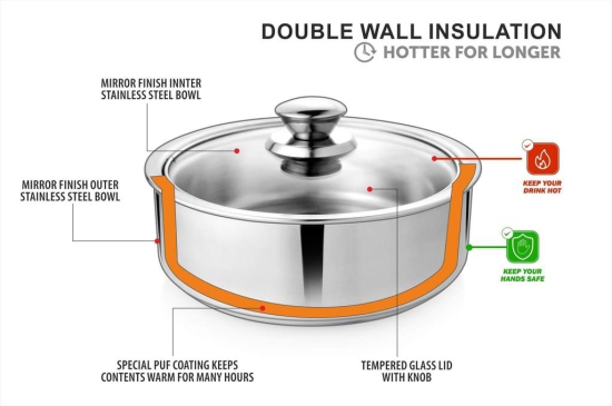 URBAN SPOON Stainless Steel Chapatti Box, Chapatti Pot, hot Pot, Double Wall Insulated Roti Server, Serving Bowl with Glass Lid 1300 ml 21.5 Cm