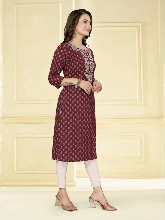 Rangita Women Cotton Maroon Embroidered Calf Length Straight Kurti - None