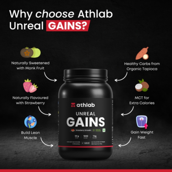 Athlab (by Nutrabay) Unreal Gains Mass Gainer | Organic Tapioca, Naturally Flavoured & Sweetened with Monk Fruit | 50g Protein, 1242 Caloreis, Easy Digesting Weight Gain Protein Powder - Strawberry Smooth, 1 kg