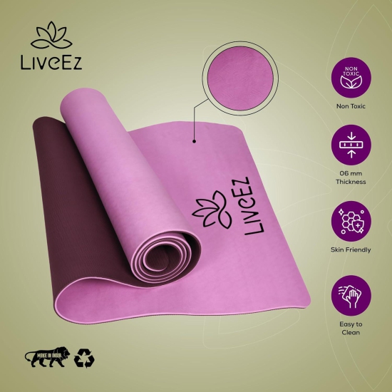 LiveEZ Anti-Skid Lightweight with perfect grip TPE Yoga Mat for Men and Women with Carry Bag (6mm, Pink & Wine color)