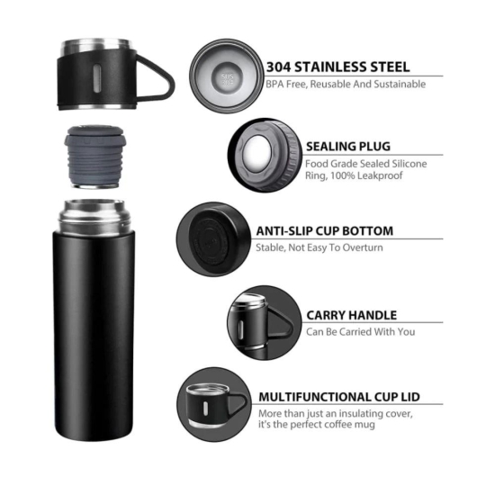 Stainless Steel Vacuum Flask Set with 3 Steel Cups | Black | Set of 3 Pcs