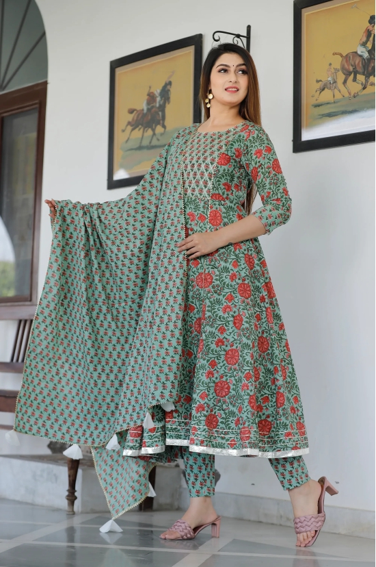 Light Green Hand Block Printed Anarkali Set S