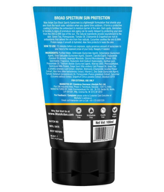 Man Arden SPF 50 UVA and UVB Protection Non Greasy and Water Resistant Sunblock Sport Sunscreen Cream (100 ml)