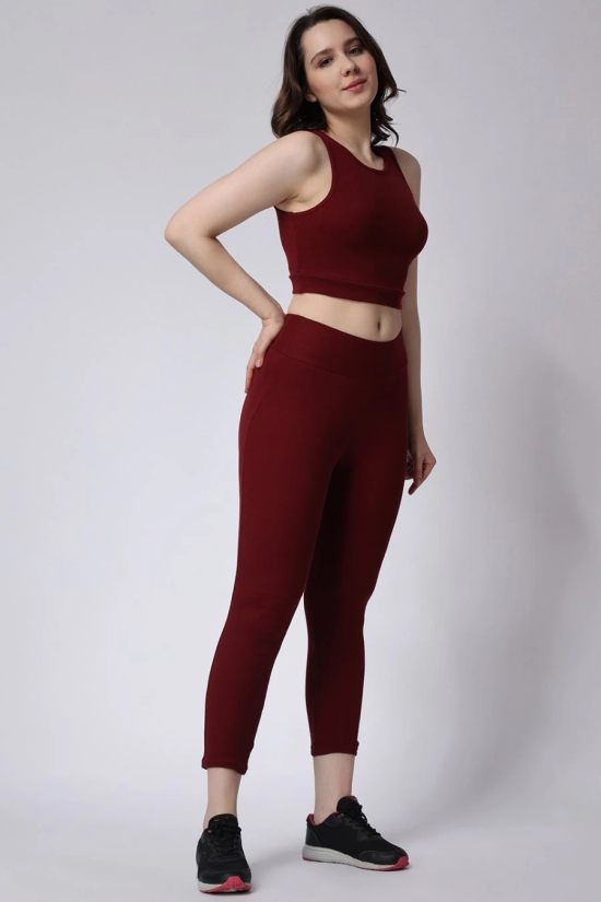 Womens Maroon Gym Co-Ord Set Leggings & Sleeveless Crop Top-S / Maroon