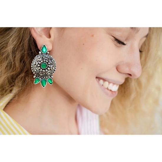 Oxidized German Silver Antique Look Afghani Chandbali Earrings With Green Stones