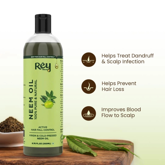 Rey Naturals Cold Pressed Pure Neem Oil For Hair Dandruff  Neem Oil For Skin  Neem Hair Oil for Hair Growth  Neem Oil For Hair Lice And Nits  Neem Oil Pure For Body Massage  Acne - 200ML-Rey Natu