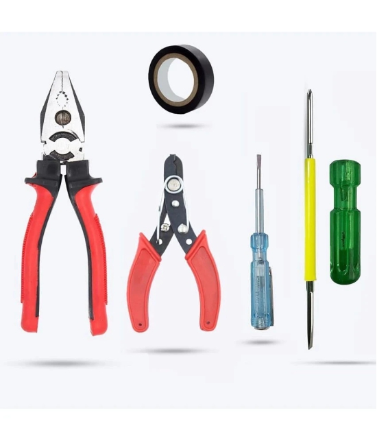 5Pc Hand Tool Kit (Plier 8,Wire Cutter,Tester,Screwdriver & Electric Tape)