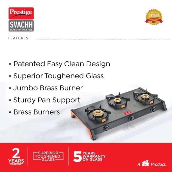 Prestige Svachh Glass Top 3 Burners with Liftable Burner Gas Stove | Black