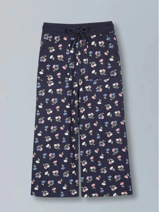 PlumTree Girls Flower AOP & Crown Stone wide leg relaxed Fit Cotton Trouser - Mid Navy - None