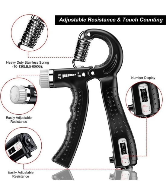 HORSE FIT Professional R shape Hand Grip Strengthener with Counter, Adjustable Resistance 5 to 60kg, Grip Strength Trainer for Muscle Building, Forearm Exerciser (Black) - Black