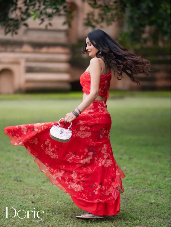 Red Organza Lehenga by Dorie