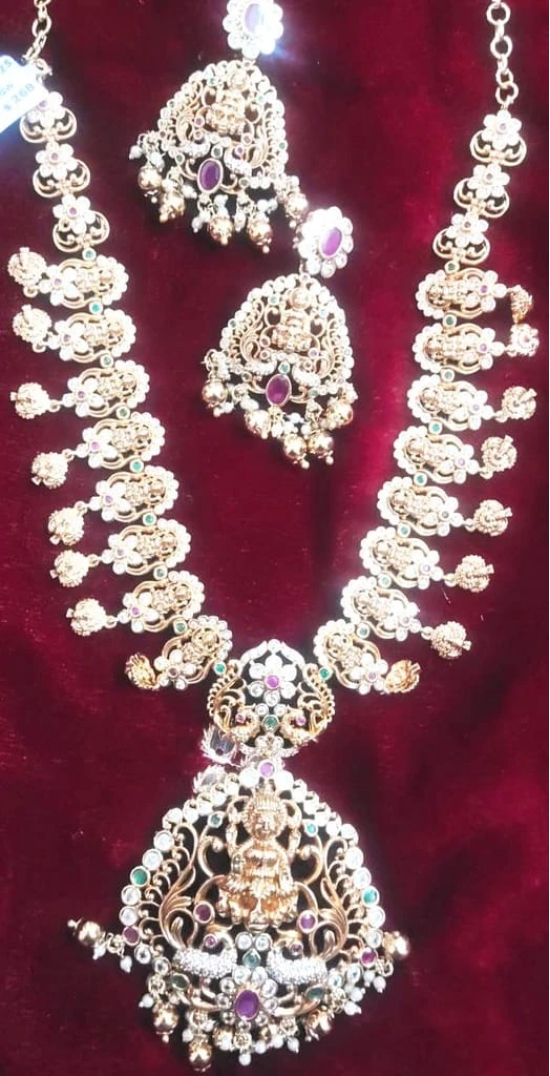 Stunning Lakshmi Temple Haram Necklace Set in Gold with Pearls and Rubies