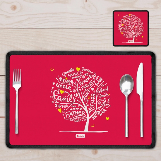 Indigifts Dipawali Gift Items Family Love Tree Red Table Mat and Coaster Set of 4 - Diwali Gift Items, Diwali Decoration Items, Deepavali Decoration, Dipawli Gifts, Deepawali Greetings