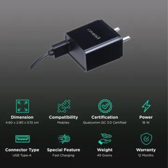 Croma 18W Type A Fast Charger (Adapter Only, Smart IC Technology, Black)