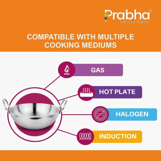 Prabha Stainless Steel Hammered Kadhai New Heavy Gauge, Strong Material, Hammered Finish, Heat Dispersion Surface, 320mm, 5.8L, Compatible with Induction & Gas Stove