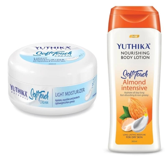 Yuthika Soft Touch Light Moisturizer Cream 200ml and Almond Body Lotion 300ml Combo Pack