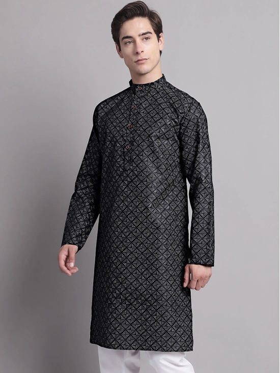 Mens Black Printed Pure Cotton Kurta-XL / Black