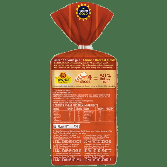 Harvest Gold Bread - 100% Whole Wheat, 450 G