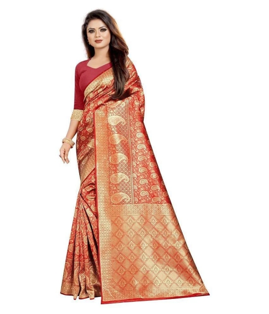 Gazal Fashions - Red Banarasi Silk Saree With Blouse Piece (Pack of 1)