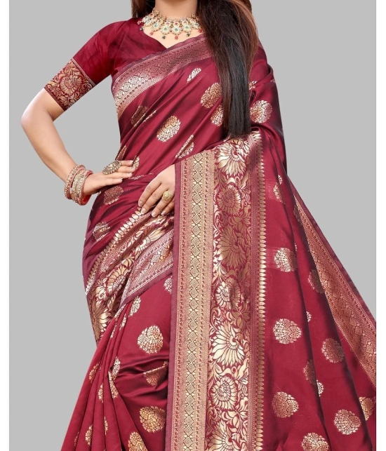 Gazal Fashions Banarasi Silk Embellished Saree With Blouse Piece - Maroon ( Pack of 1 ) - Maroon