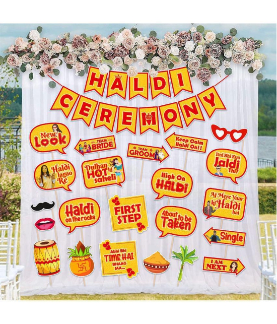 Zyozi Haldi Ceremony Decoration Kit | Wedding Decorations Props For Haldi | Haldi & Mehendi Decorations for Home Bride - Haldi Ceremony Banner, Photo Booth Props & Net Curtains (Pack of 23) 