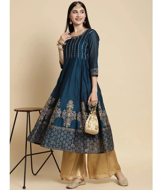 Rangita Women Chanderi Teal Yoke Embroidered Gold Printed Calf Length Anarkali Kurti - None