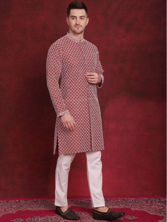 Men Sequin Chikankari Front Open Kurtas-L / Maroon