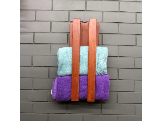 BARISH-Towel Holder | Wall Mount Towel Holder Organiser | Handcrafted with Rubberwood | Superior Finish & Unique Contemporary Design | 13 x 20 x 53CM  - Tobacco Brown