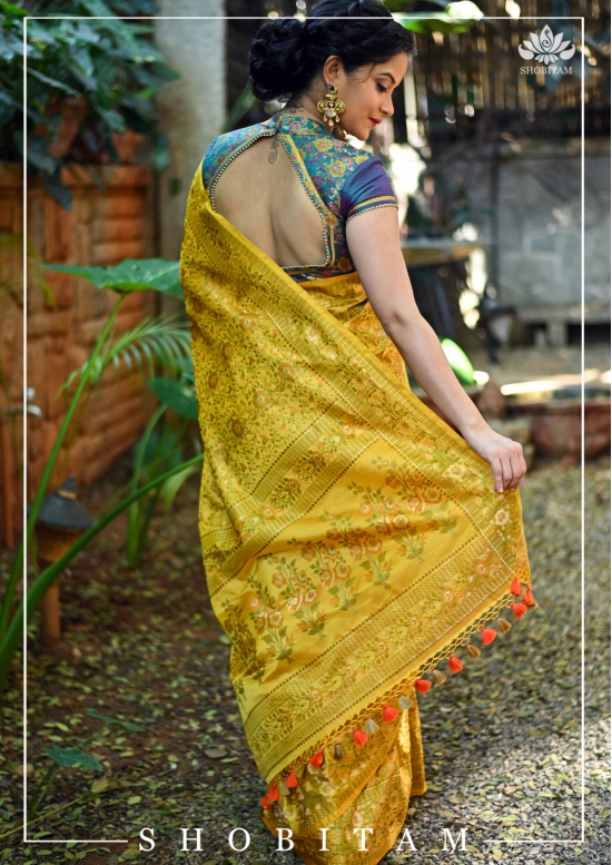 Exquisite Tanchoi Floral Banarasi Saree in Pure Silk Satin in Pale Mustard | SILK MARK CERTIFIED