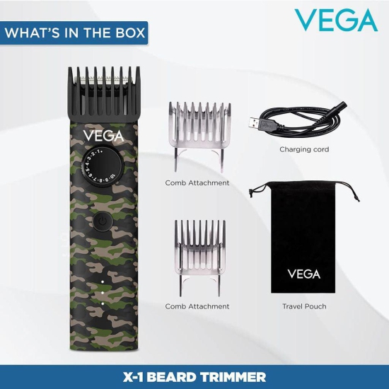 VEGA Men X1 Beard Trimmer Battery Powered For Men With Quick Charge, 90 Mins Run-Time, Waterproof, For Cord & Cordless Use And 40 Length Settings, (Vhth-16) Green