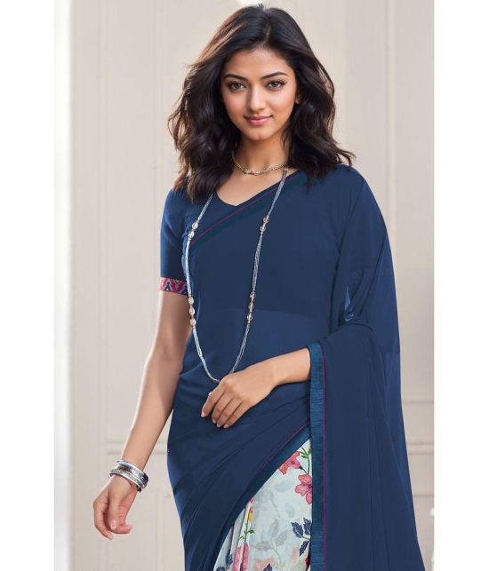 Rangita Half & Half Printed Georgette Saree With Lace Border & Blouse Piece - Navy Blue - Navy Blue