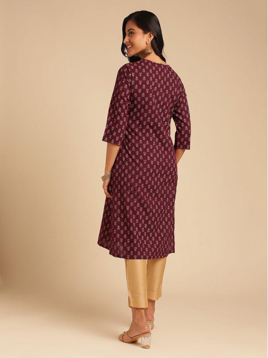 Rangita Women Cotton Maroon Embroidered Calf Length Straight Kurti - None