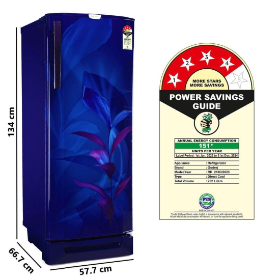 Godrej 202 L 4 Star Advanced Inverter, Jumbo Vegetable Tray Direct Cool Single Door Refrigerator With Base Drawer(RD 210D TDI MN BL, Marine Blue)
